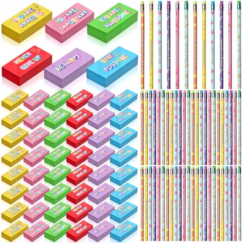 AmazingSpark 96 Pcs Back to School Gift Motivational Pencil Bulk Inspirational Pencil Eraser for Kid Classroom Colorful Cute Wood First Day School Office Supply for Student Teacher Classroom Reward