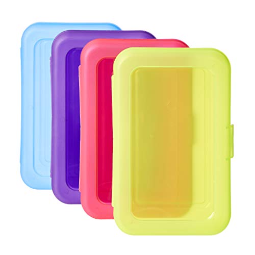 Amazon Basics 4-Pack Large Pencil Cases, Storage Organizer, Durable Plastic School Supply Box, Multi-Color Student Organization for Office, College & Classroom Supplies