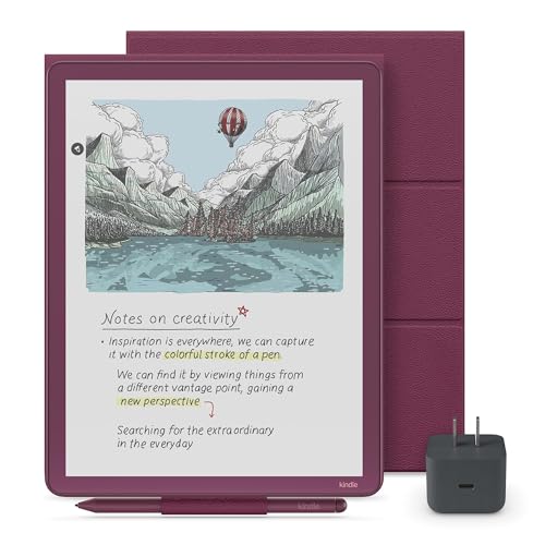 Amazon Kindle Scribe Essentials Bundle - Amazon Kindle Scribe Colorsoft (64GB) - Fig, Premium Pen, Premium Leather Folio Cover-Fig,Power Adapter