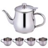 Ameble Portable 330ml Stainless Steel Long Spout Kids Tea Set with Filter Screen & 4 70ml Cups for Children Camping Home Kids Tea Set Includes Portable ml Stainless Steel Long spout teapot with filte