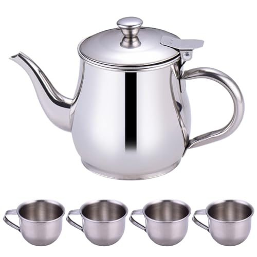 Ameble Portable 330ml Stainless Steel Long Spout Kids Tea Set with Filter Screen & 4 70ml Cups for Children Camping Home Kids Tea Set Includes Portable ml Stainless Steel Long spout teapot with filte
