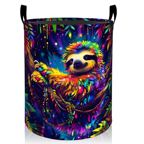 amepay Colorful Sloth Laundry Basket, Mystical Jungle Foldable Oxford Cloth, Waterproof Dirty Clothes Hamper with Handles, Clothing Storage Bin Toy Organizer for Bedroom Dorm Bathroom, 19.7"x15.7"