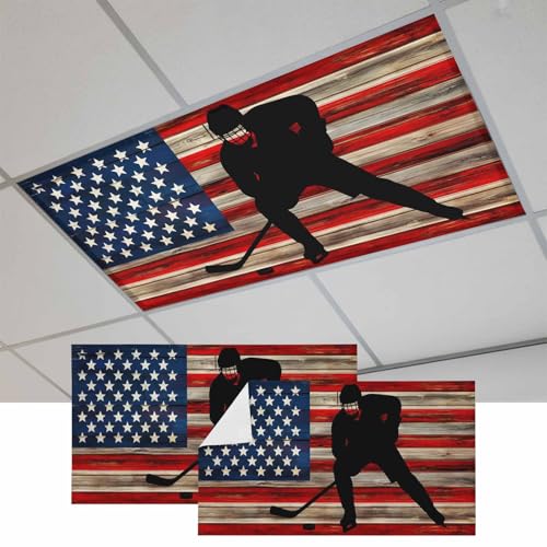 American Flag Magnetic Fluorescent Light Covers for Ceiling Lights 2x4 Ft, Blue Red USA Flag Retro Hockey Office Classroom Kitchen Drop Ceiling Light Covers Lighting Filters Shade Panel 2 Packs