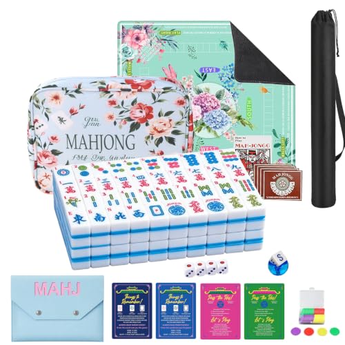 American Mahjong Tile Set, 166 Blue Tiles, Mahjong Tile Set with Carrying Bag, Dice, Mahjong Mat, Mini Tiles, Shuffler Cards, Portable Travel Complete Game Set for Home Outdoor, Gift for Enthusiasts