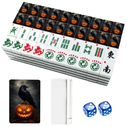 American Mahjong Tile Set Black Raven Perched Glowing Jack-o'-Lantern Spooky Forest Crow Halloween 166 Acrylic Mahjong Tiles 1.4" Large Mahjong Game Set with Bag and Accessories for Gift Travel Party