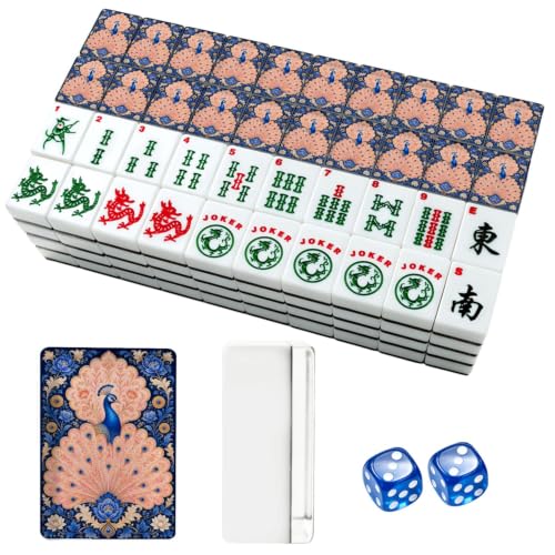 American Mahjong Tile Set Ornate Peacock Floral Mandala Royal Blue Pink Gold Baroque Decorative 166 Acrylic Mahjong Tiles 1.4" Large Mahjong Game Set with Bag and Accessories for Gift Travel Party