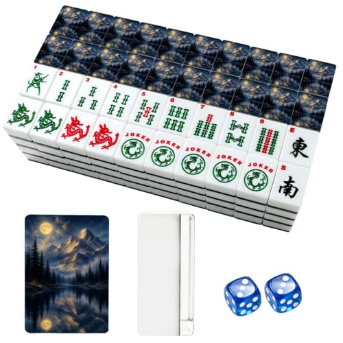 American Mahjong Tile Set Snowy Mountain Pine Forest Lake Reflection under Full Moon Cinematic 166 Acrylic Mahjong Tiles 1.4" Large Mahjong Game Set with Bag and Accessories for Gift Travel Party