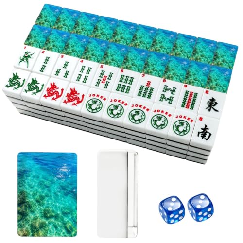 American Mahjong Tile Set Turquoise Crystal Clear Ocean Water Sunlight Reflections Underwater 166 Acrylic Mahjong Tiles 1.4" Large Mahjong Game Set with Bag and Accessories for Gift Travel Party