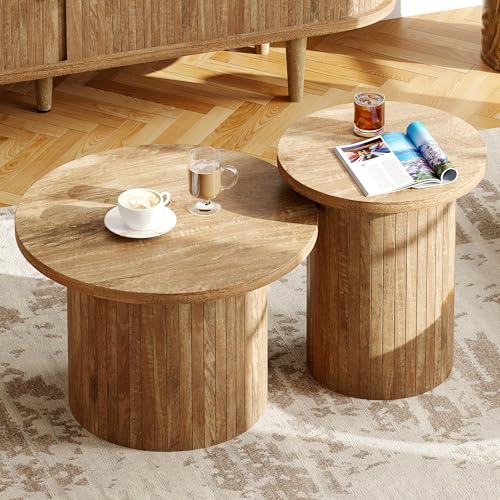 AMERLIFE Rustic Nesting Coffee Table Set of 2, Wood Finish Coffee Table Set, Farmhouse Round Sofa Side Tables for Living Room, Small Spaces, Natural Finish