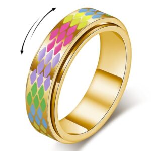 AmorArtSky Checkered Fidget Ring, Multicolor Diamond Pattern Spinner Ring
