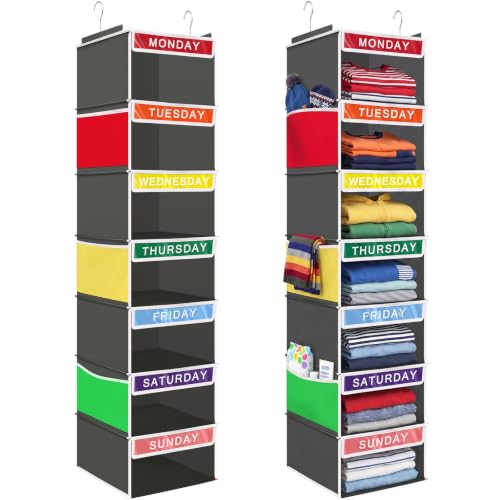Amylove 2 Pcs 7 Shelf Weekly Clothes Organizer for Kids Hanging Closet Organizer 11. 8 x 11. 8 x 50 Inch Daily Activity Kids Clothes Storage Drawers Cube Drawers Closet Hanging Shelves (Grey)