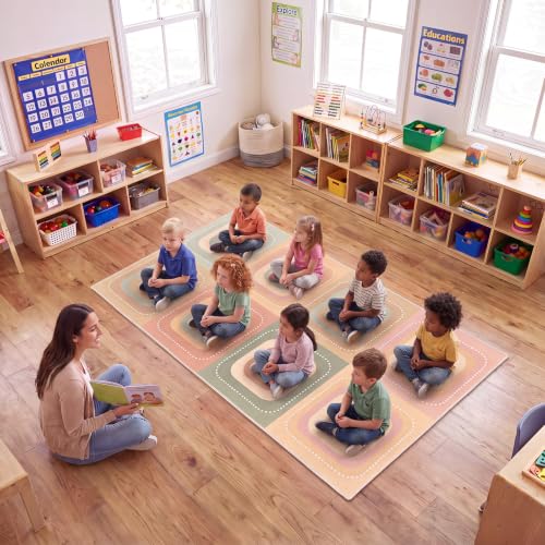 Amylove 3 x 5 ft Classroom Rug Kids Playroom Rug, Soft Boho Rounded Squares Area Carpet for Toddlers, Preschool, Daycare & Elementary Reading Corner, Small Educational Play Mat, Seats 8