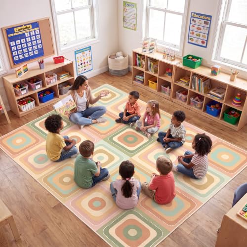 Amylove 6 x 8.4 ft Large Classroom Rug Elementary, Rounded Squares Circle Time Seating Area Rug, Soft Boho Educational Carpet for Preschool, Kindergarten & Daycare, Learning Play Mat, Seats 20