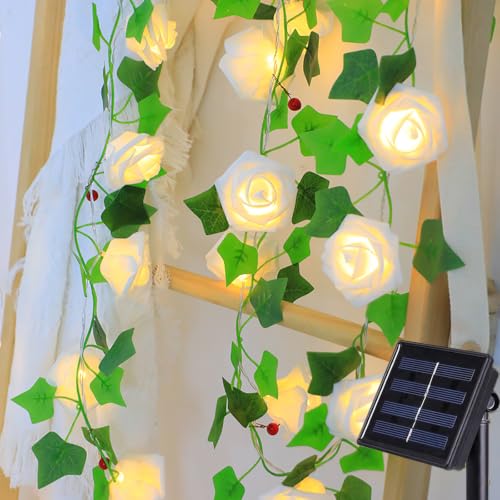 AMZSTAR Solar String Lights Outdoor Waterproof Rose Flower Ivy Vine Garland Curtain Light Artificial Flower Fairy Christmas Decor Patio Lighting for Garden Lawn Gazebo Porch Tree Wedding,5m 50LED