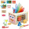 Ancaixin Wooden 8 in 1 Montessori Activity Cube, Toddler Busy Cube Learning Toy with Shape Sorter, Carrot Harvest, Fishing Game