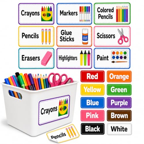 Andaz Press Art Supply Labels for Classroom Organization, 20 Pack Waterproof Vinyl Crayon & Craft Supply Labels with Pictures & Colors, Preschool & Teacher Bin Labels for Caddies & Bins 3.5 x 2 Inch