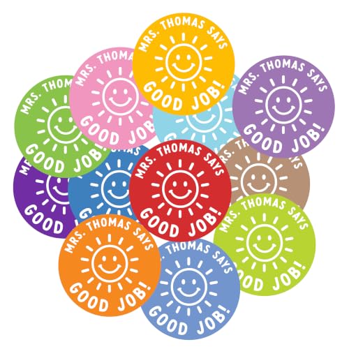 Andaz Press Personalized Teacher Reward Stickers for Students, 40 Pack 2 Inch Round Custom Name Labels, Motivational Classroom Incentive Stickers for Boys Girls Class, Good Job Custom Color