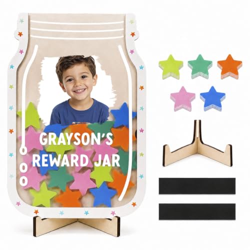 Andaz Press Personalized Wooden Star Reward Jar for Classroom, Custom Name & Photo Magnetic Star Jar Reward System with 25 Colorful Acrylic Stars, Classroom Behavior Chart for Teachers, Chore Tool