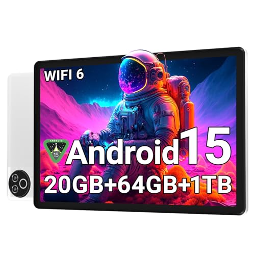 Android 15 Tablet 10 Inch, 20GB RAM 64GB ROM 1TB Expandable, Fast WiFi 6 & BT 5.4 Tablets 5-Core, HD IPS Touchscreen, 8H+ Battery, Dual Camera Portable Tablet for Kids & Adults, Gift, Streaming -White