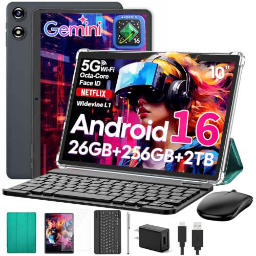 Android 16 tablet 10 inch, Android Tablet with Keyboard, 26GB+256GB+2TB Expand, Electronic Tablet PC with Gemini, 8-Core, 8000mAh, 5G WiFi, GPS, GMS, 2 in 1 Tablet with Case/Mouse/Stylus(Green Case)