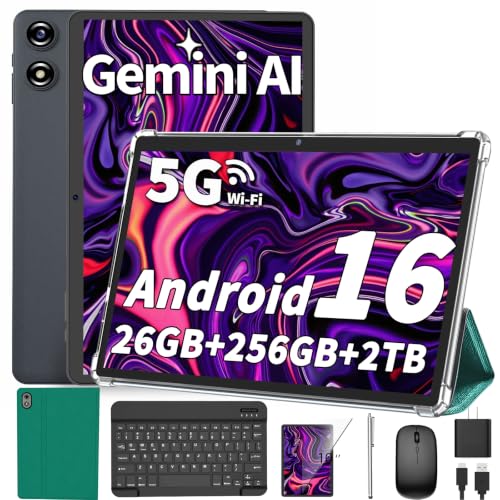 Android tablet 10 inch, 2026 Android 16 Tablet with Keyboard, 26GB+256GB (2TB Expand), Gemini AI Tablet with 8-Core, 8000mAh, 5G WiFi, Widevine L1, 2 in 1 Tablets PC with Case/Mouse/Stylus-Green Case
