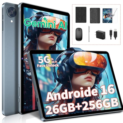 Android Tablet with Keyboard, 10 inch Android 16 Tablet, 26GB+256GB+2TB Expand, 2026 Gemini AI Tablet PC with 8-Core, 5G WiFi, 8000mAh, GPS, Electronic 2 in 1 Tablet with Case, Mouse, Stylus (Black)