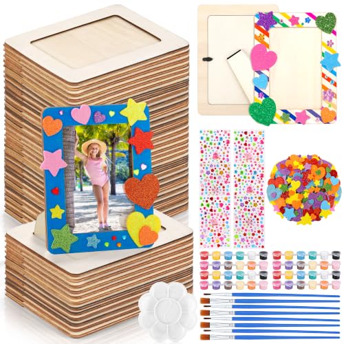 Aneco 48 Pack Wooden Picture Frames for Crafts DIY Unfinished Painting Craft Kit with Acrylic Paint Foam Rhinestone Stickers Brushes Paintings Tools Set for Kids Painting, DIY Art Projects