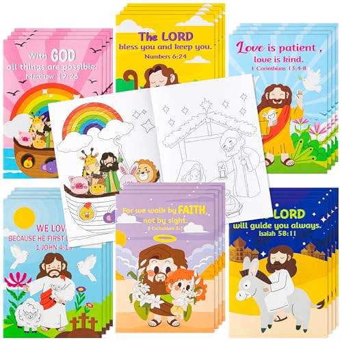 ANGOLIO 24 Summer Christian Religious Coloring Books Bulk for Kids DIY Art Drawing Book for Sunday School Prizes Back to School Classroom Rewards Church Activity Carnival Gifts Party Favors, 6 Styles