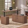ANGRYWIN L Shaped Electric Standing Desk, 55.1" x 47.2" Height Adjustable Office Executive Desk with File Cabinet& Sliding Door, Stand up Office Desk with Power Outlet, for Home Office, Walnut