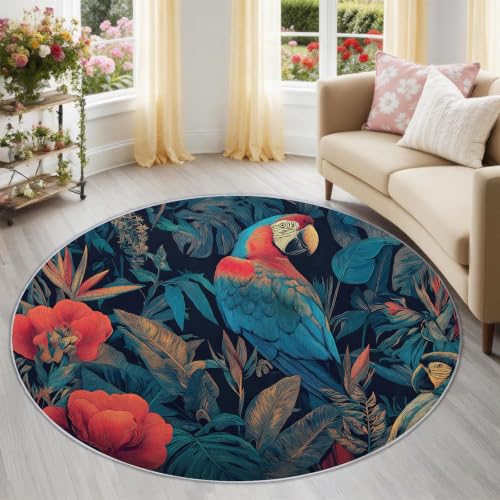 Animal Floral Round Area Rug 7ft, Tropical Rainforest Parrot Bird Washable Blue Circle Rug for Bedroom, Low-Pile Soft Round Carpet for Living Room, Ideal for High Traffic Areas in Entryway