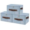 ANMINY 3PCS Storage Bins with Zipper Lid Storage Boxes with Label Holder PU Leather Handles Washable Foldable Decorative Lidded Cotton Linen Fabric Cubes Baskets Closet Organizer - Blue, Small