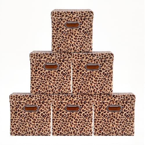 ANMINY 6PCS Storage Cubes with Lids 11 Inch Leopard Cheetah Print Velvet Fabric Storage Bins for Shelves, Collapsible Washable Closet Storage Baskets Boxes with Handles for Organizing -Brown