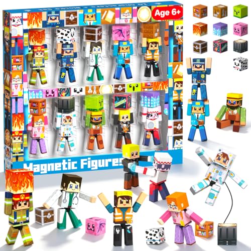 Annexfun 20 Pcs Magnetic Action Figures Playset, Magnetic Building Block City Toys with Magnetic Cubes, 360° Rotating Arms and Legs, Creative Play Set for Kids 6+, Birthday Gifts for Boys Girls