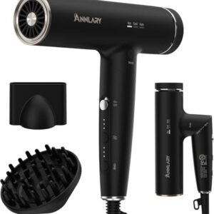 ANNLARY Plasma Ion Hair Dryer with Diffuser, 110,000 RPM High-Speed Blow Dryer, 1500W Foldable Hairdryer with Magnetic Nozzles, 6.5 ft Cord, Fast Drying for Women Men