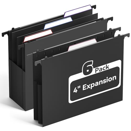 Ansook Extra Capacity Hanging File Folders Letter Size,Heavy Duty 4" Expandable File Folder with Movable Dividers,6 Pack Plastic File Cabinet Folders with Tabs,Hanging Folder Organizer for Home Office