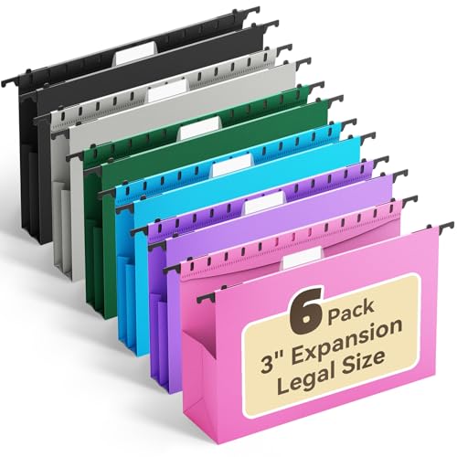 Ansook Plastic Legal Size Hanging File Folders,Heavy Duty 3" Expandable Legal File Folder Hanging with Tabs,6 Pack Extra Capacity Pastel File Cabinet Folders,Office School Hanging File Organizer