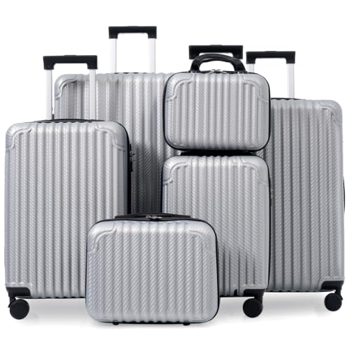 Anwick 6 Piece Luggage Sets, ABS Hardside Suitcases with Spinner Wheels, TSA Lock, Side Hooks, Carry-On & Checked Travel Luggage Set for Men & Women Family Travel (Silver Gray)
