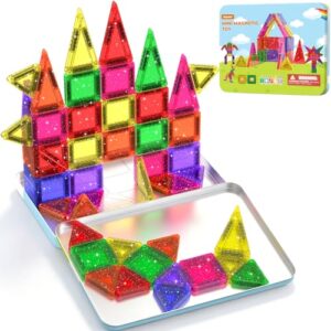 Anyeve 46PCS Glitter Mini Magnetic Tiles Travel Set with Storage Case