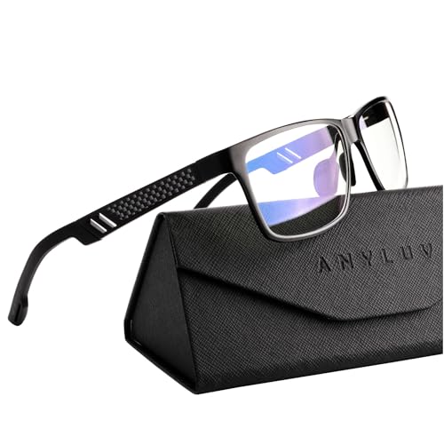 ANYLUV Blue Light Blocking Glasses Men Computer Gaming Glasses Lightweight Al-Mg Metal Anti Eyestrain Eye Protection Black Clear 1x
