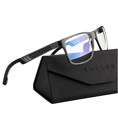 ANYLUV Blue Light Blocking Glasses Men Computer Gaming Glasses Lightweight Al-Mg Metal Anti Eyestrain Eye Protection DarkGunmetal Clear 1x