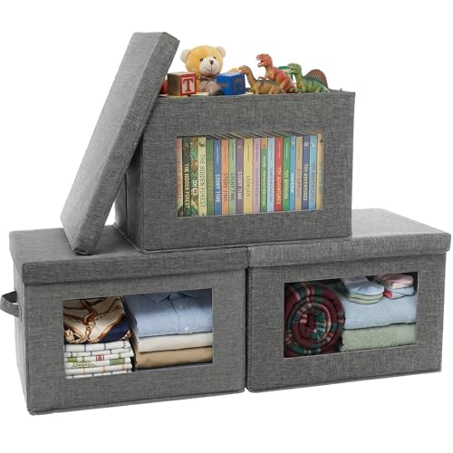 Anywish 3-Pack Storage Bins with Lids & Clear Window, Foldable Fabric Closet Organizer Boxes, Stackable Cube Baskets with Soft Handles for Clothes & Blankets, 15", Grey