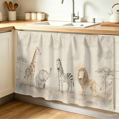 Anzona Beige Animals Cabinet Curtains 28" W x 51" L, Farmhouse Elephant Zebra Lion Giraffe Sink Skirt for Bathroom Kitchen Self Adhesive, Desk Privacy Short Curtain for Sink Under Counter Classroom