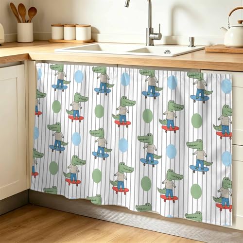 Anzona Cartoon Dinosaurs Cabinet Curtains 28" W x 51" L, Funny Animals Dots Vertical Striped Sink Skirt for Bathroom Kitchen Self Adhesive, Desk Privacy Short Curtain for Sink Under Counter Classroom
