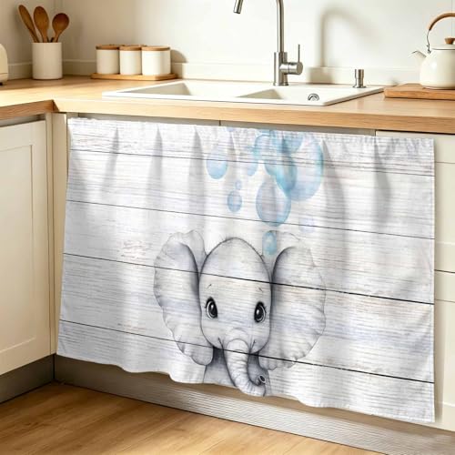 Anzona Cute Elephant Cabinet Curtains 28" W x 51" L, Funny Bubbles Animals Wooden Grain Sink Skirt for Bathroom Kitchen Self Adhesive, Desk Privacy Short Curtain for Sink Under Counter Classroom