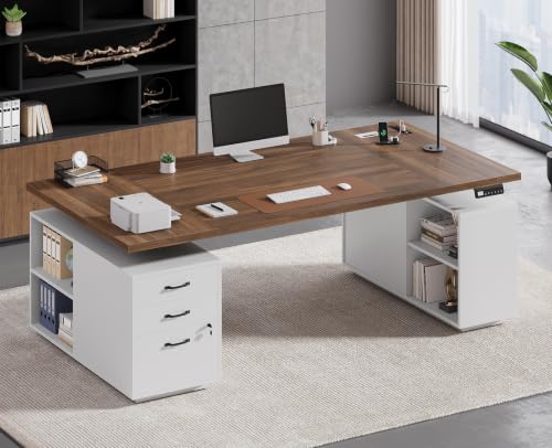AODEMOKO 71" Electric Standing Desk with Drawers, Electric Height Adjustable Executive Desk with Lockable File Cabinet, Home Office Desk, Open Storage Compartments, Built-in Power Outlet, White