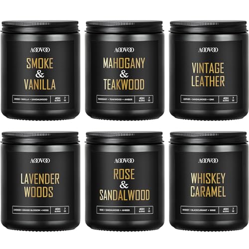 AOOVOO Scented Candles for Men - 6 Pack Candles for Home Scented, 42oz Soy Wax, 300 Hour Burn Time, Rose Sandalwood/Mahogany Teakwood/Smoke Vanilla/Leather/Lavender/Whiskey Caramel Candle Set