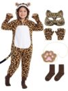 AOTHSO 5 Pieces Cheetah Halloween Costume Set Flannel Jumpsuit, Gloves, Leopard Mask, Brown Plush Bag, Cotton Socks