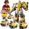 Aotonow 5 in 1 Magnetic Transform Cars Robot Toys Gift for Boy Ages 4-6, Easy DIY Assembly, STEM Magnetic Transform Engineering Trucks Toy, Birthday for Kids 3 4 5 6 7 Year Old(Yellow)