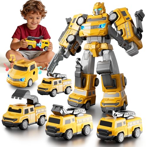 Aotonow 5 in 1 Magnetic Transform Cars Robot Toys Gift for Boy Ages 4-6, Easy DIY Assembly, STEM Magnetic Transform Engineering Trucks Toy, Birthday for Kids 3 4 5 6 7 Year Old(Yellow)