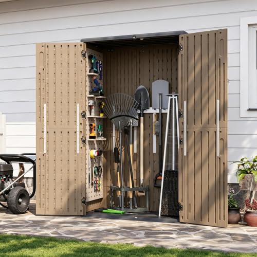 Aoxun Outdoor Storage Shed with Floor, 64 Cu.Ft Large Outdoor Storage Cabinet, Waterproof Vertical Resin Shed for Garden Tools, Pool Equipment, Brown